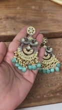 Load and play video in Gallery viewer, Tayani Kundan gold plated Peacock Mint chandbali earrings
