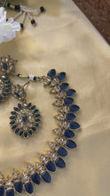 Load and play video in Gallery viewer, Jiya golden antique blue Kundan Polki Necklace Set with Maangtikka
