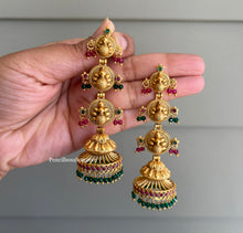 Load image into Gallery viewer, Three layer Peacock Hanging Drop Temple jhumka  earrings
