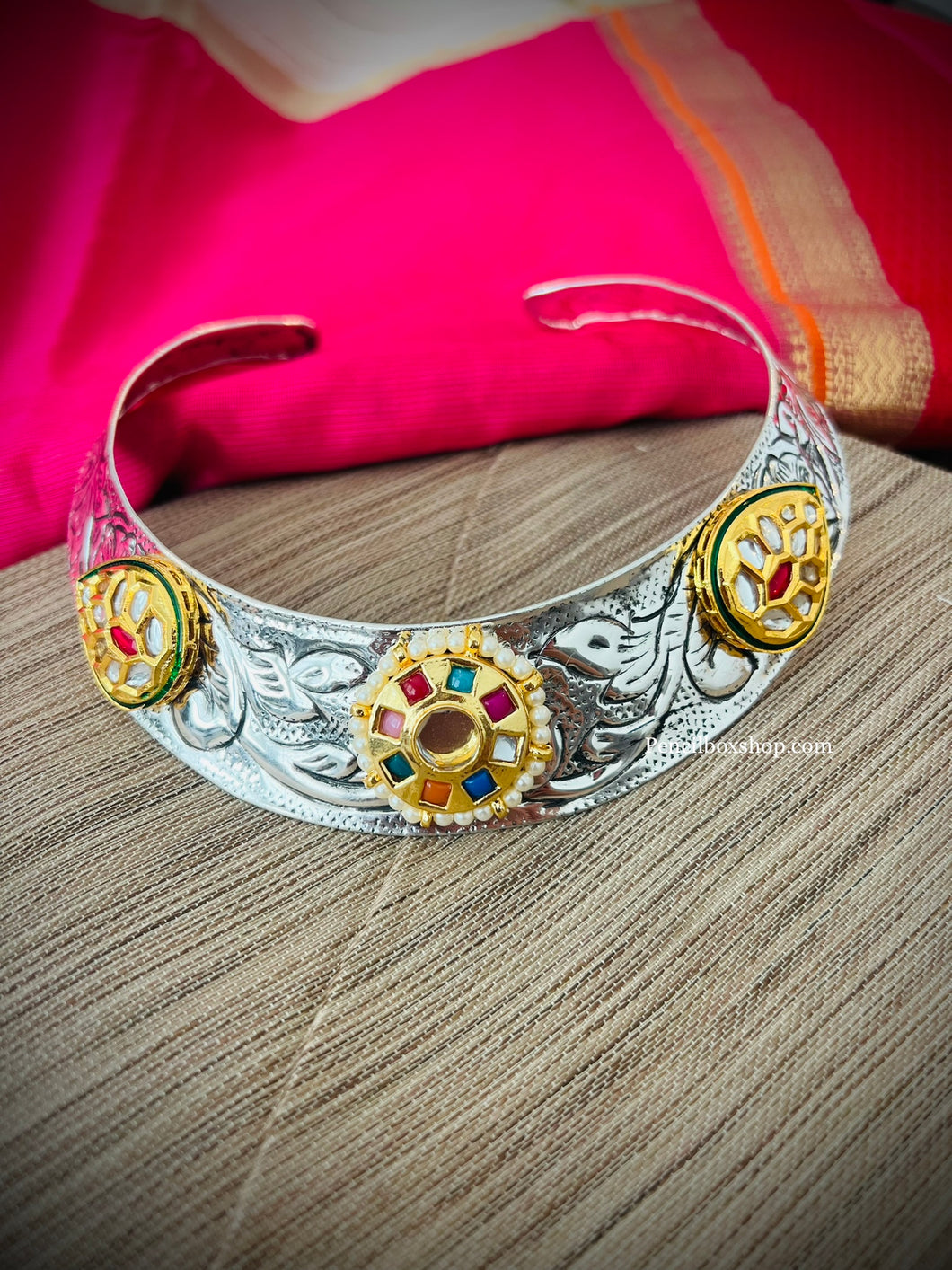 German silver Navratna Flexible Multicolor Hasli Necklace