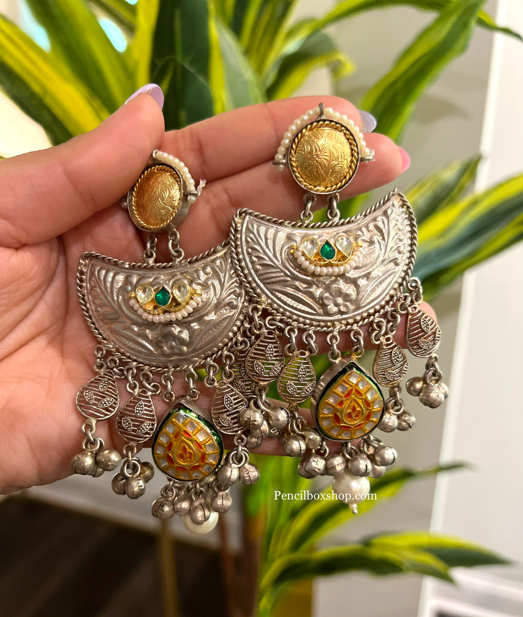 92.5 silver coated Dual Tone pachi kundan jadau work ghungroo Earrings