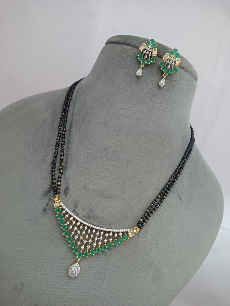 Emerald Green Cubic zirconia AD white Black beads Mangalsutra Necklace