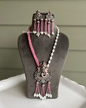 Load image into Gallery viewer, American diamond Victorian Finish Ganesha Pink long mala necklace set
