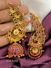 Load image into Gallery viewer, Real Kemp Stone Peacock Hanging Earcuff Drop Temple jhumka  earrings
