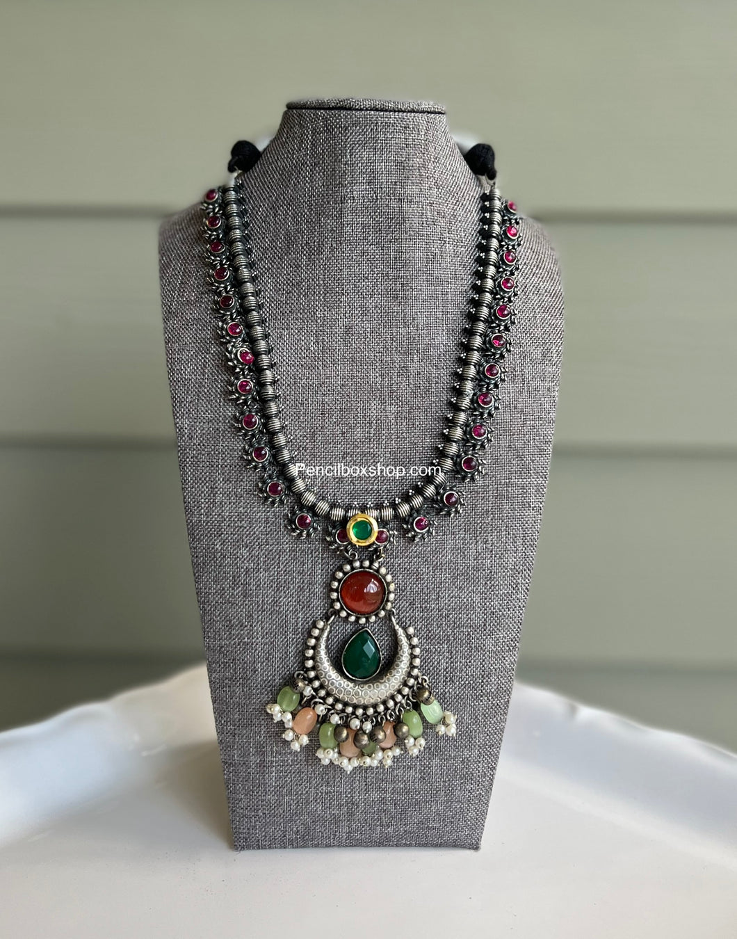 German silver Ruby Green Fusion kundan Long necklace .