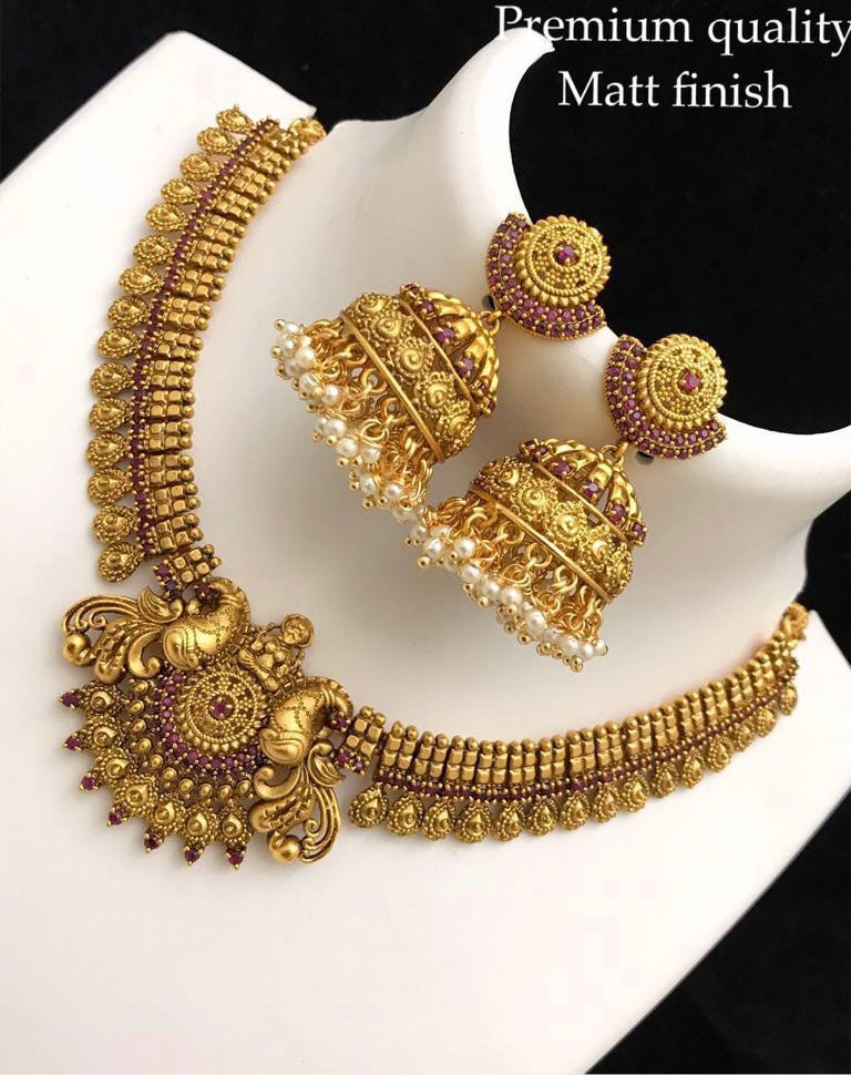 Peacock Golden Lakshmi ji Temple Necklace set with jhumkas