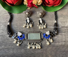 Load image into Gallery viewer, German silver enamel Paint Rainbow Peacock Choker With carved stone and Beads Necklace set
