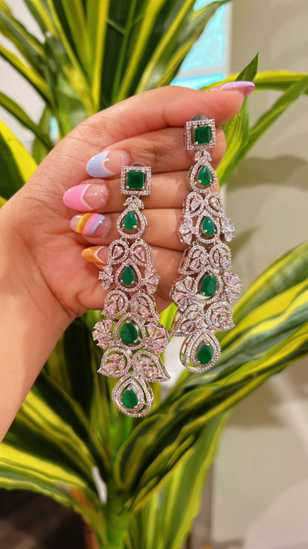 Premium statement Emerald Green Silver Long Dangling Earrings