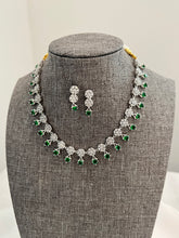 Load image into Gallery viewer, Silver  Emerald Green American Diamond Simple Necklace set
