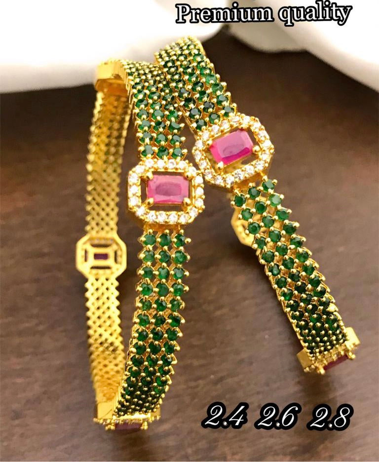 Set of 2 Bangles Ruby green Cz Stones Daily wear gold finish