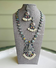 Load image into Gallery viewer, German Silver Long haram Multicolor Glass Stone  Lakshmi Ji Pearl Necklace set
