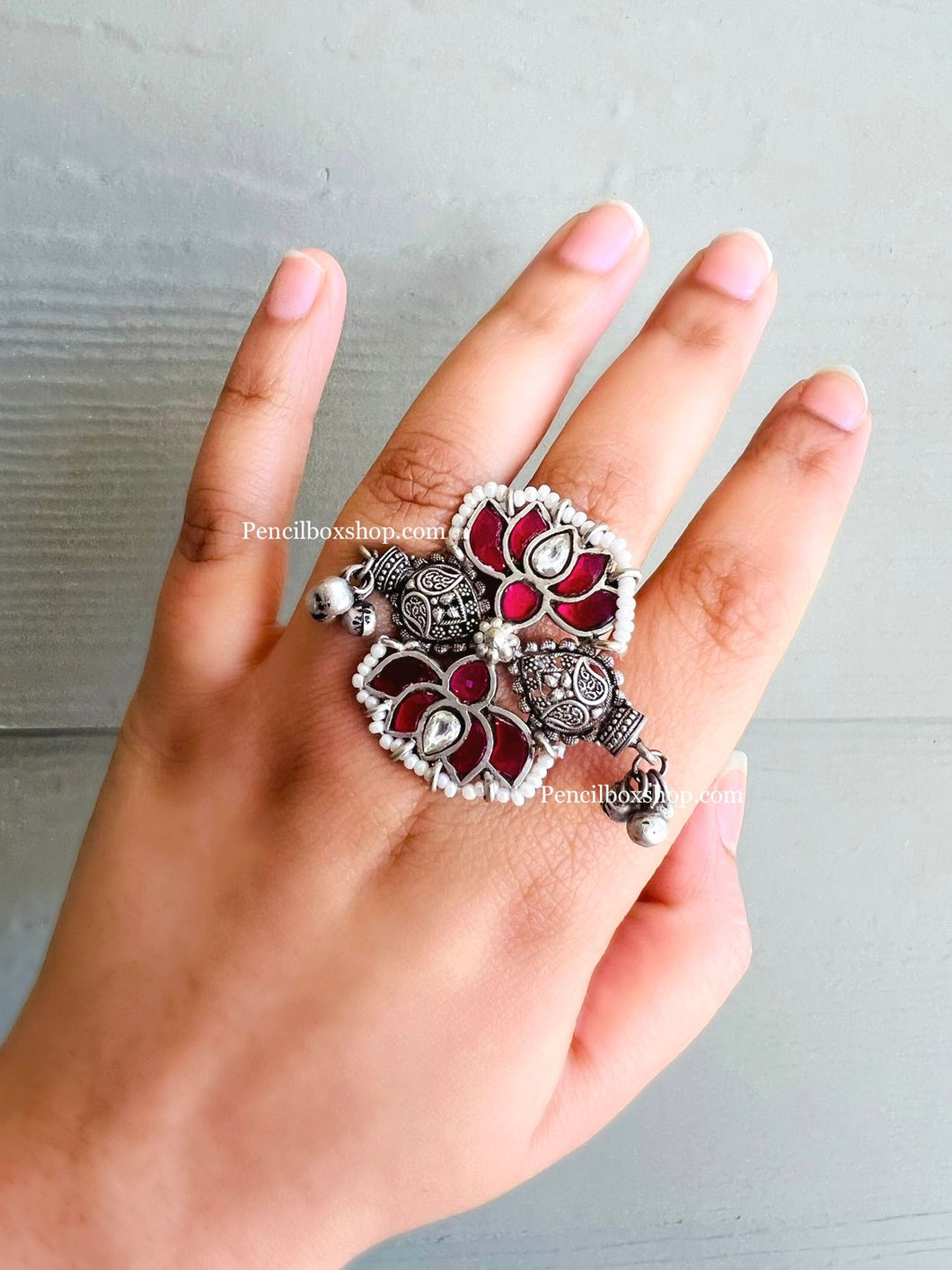 Pachi Kundan Ruby Silver Ghunghroo Adjustable Ring