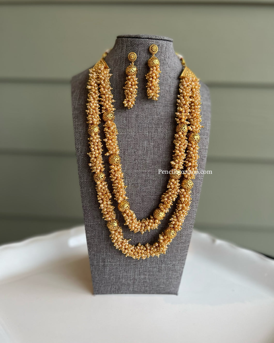 White pearl golden double layer Mala Necklace set