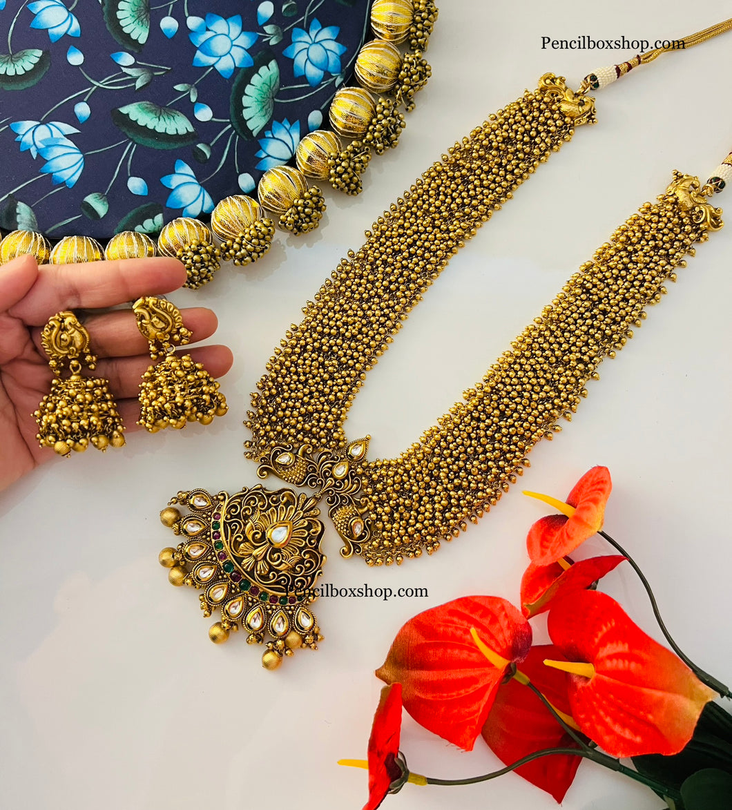 Multicolor Kemp Stone Pearl Kundan Golden Designer Haram Necklace set