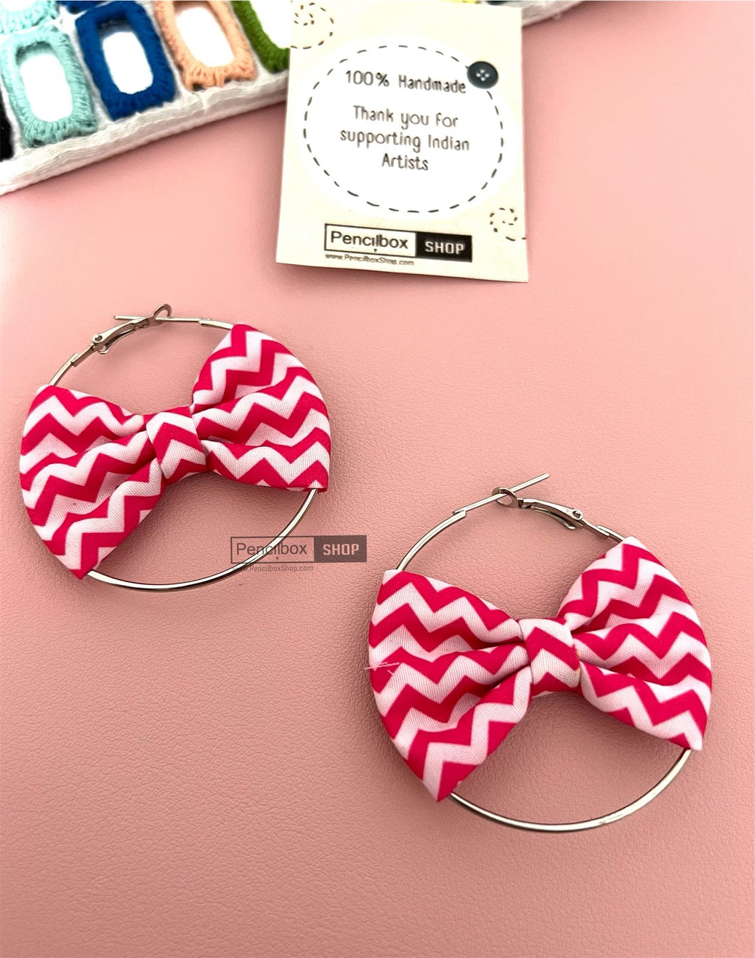 Handmade Bow Pink White Strips Hoop Earrings