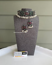 Load image into Gallery viewer, German Silver Flower Stone Choker Statement Necklace set
