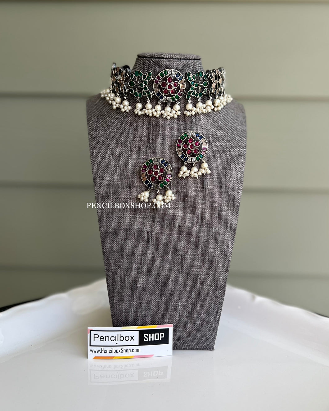 German Silver Flower Stone Choker Statement Necklace set
