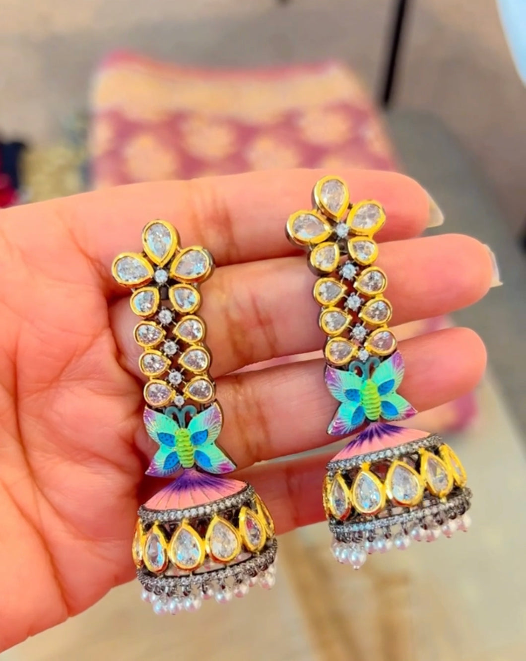 American Diamond Kundan Meenakari Shaded Big statement Cz earrings