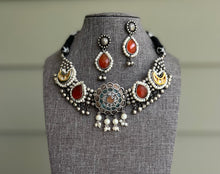 Load image into Gallery viewer, German Silver Glass Stone Ghunghroo Kundan Fusion Necklace set
