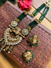 Load image into Gallery viewer, Baraat Green Golden Statement Designer Wedding Bride kundan Long Necklace set
