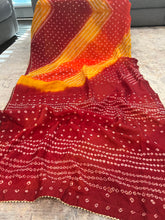 Load image into Gallery viewer, Bandhani Red Yellow Orange Georgette Saree
