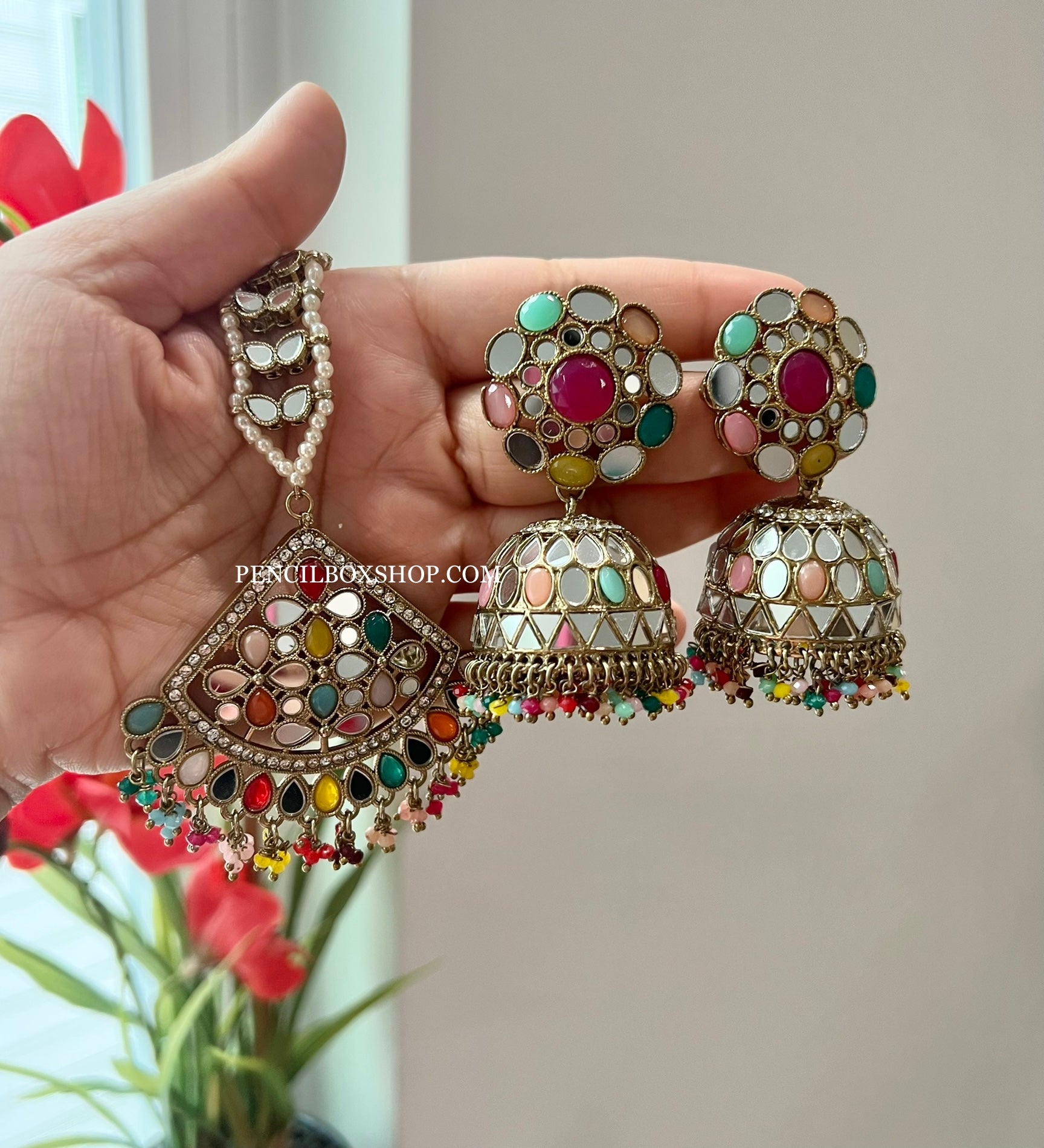 Pearl Mirror Jhumka Set with Maangtikka Set – PencilboxShopUSA