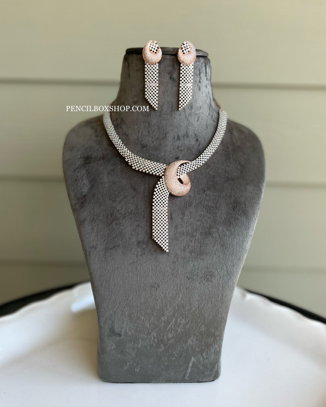 American Diamond Designer Rose Gold Silver Necklace set