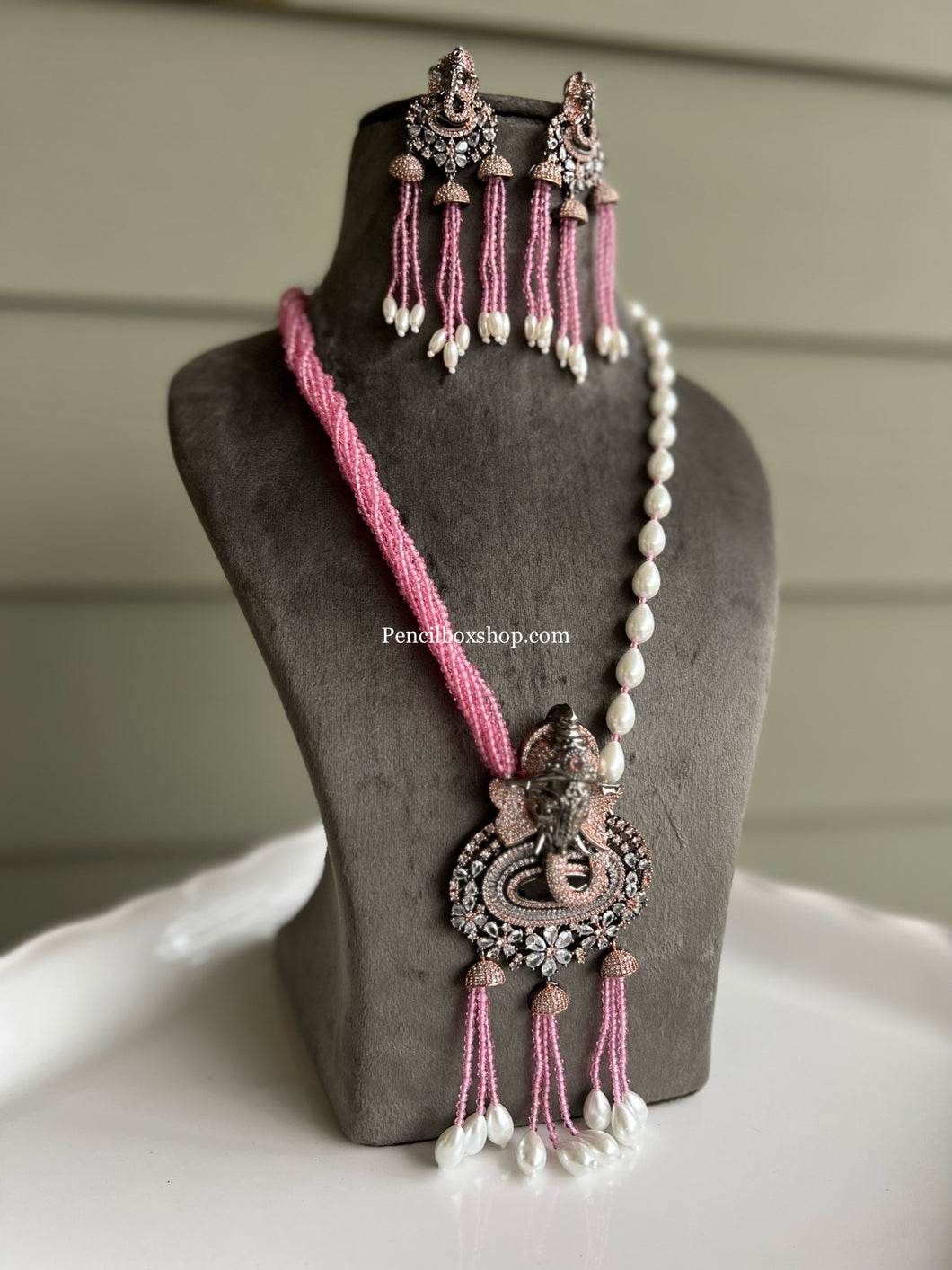 American diamond Victorian Finish Ganesha Pink long mala necklace set