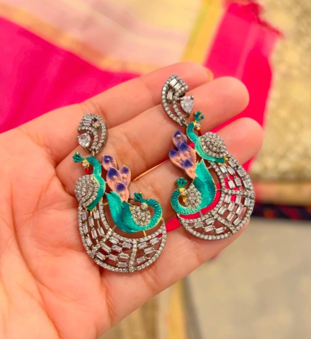 American Diamond Meenakari Shaded Peacock statement Cz earrings