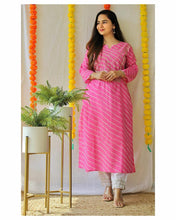 Load image into Gallery viewer, Pink cotton leheriya print with pant straight kurta women clothing
