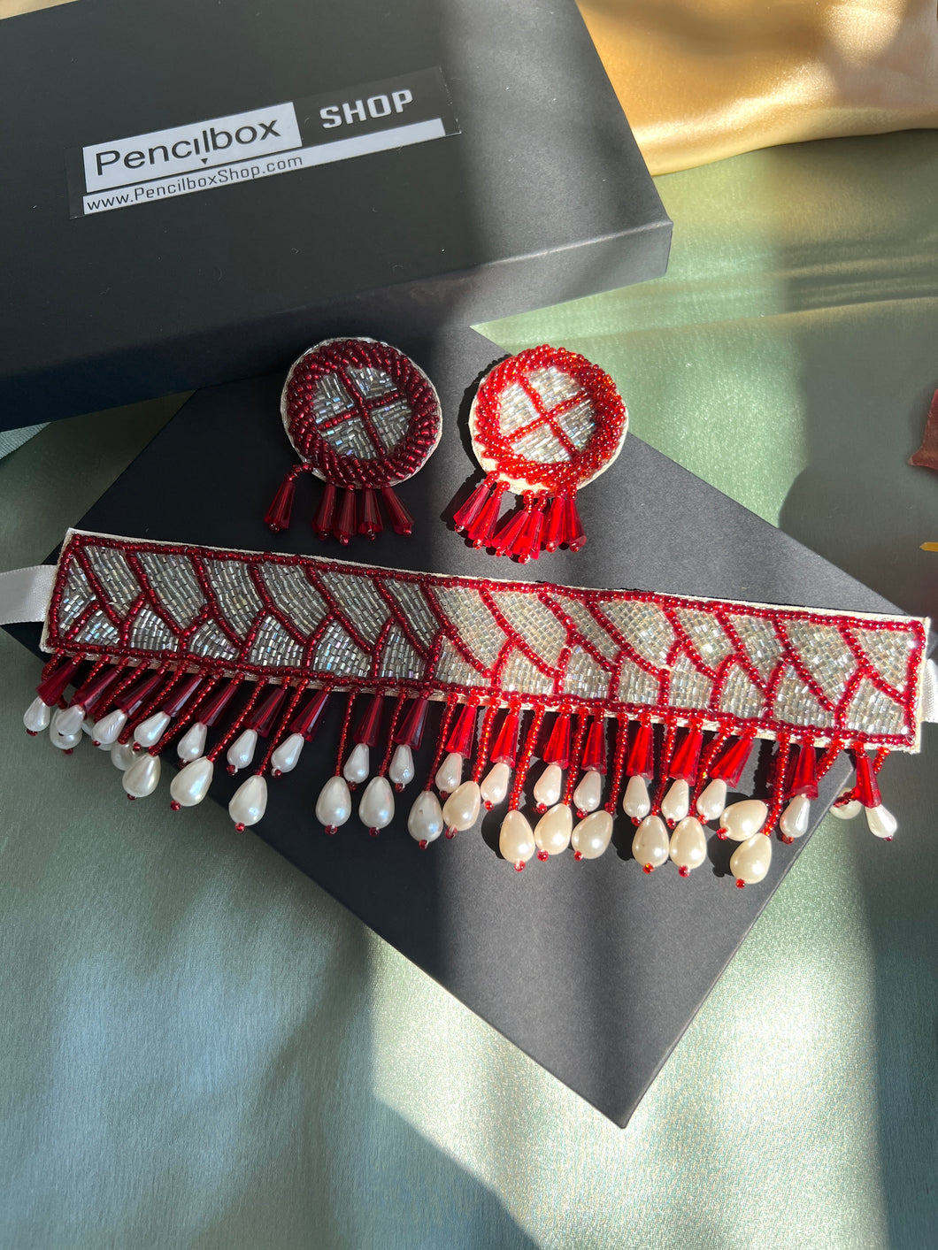 Handmade Beads Red Silver Shiny Statement Choker set