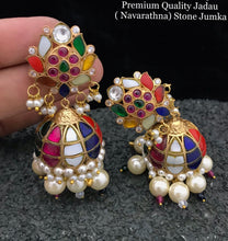 Load image into Gallery viewer, Multicolor Real jadau Work Golden Navratna Jhumka Earrings
