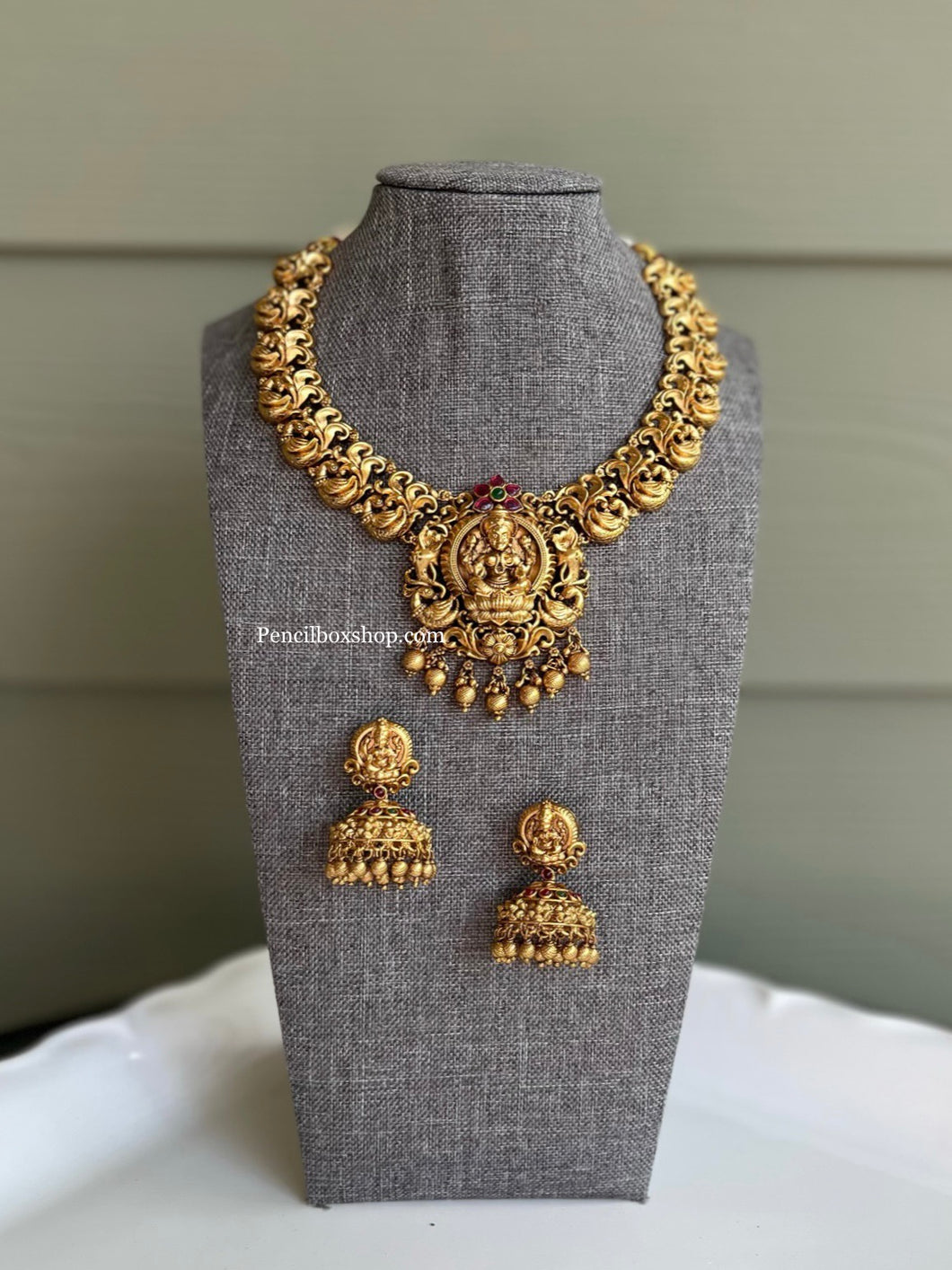 Lakshmi Ji Peacock Multicolor Real Kemp Stone Necklace set