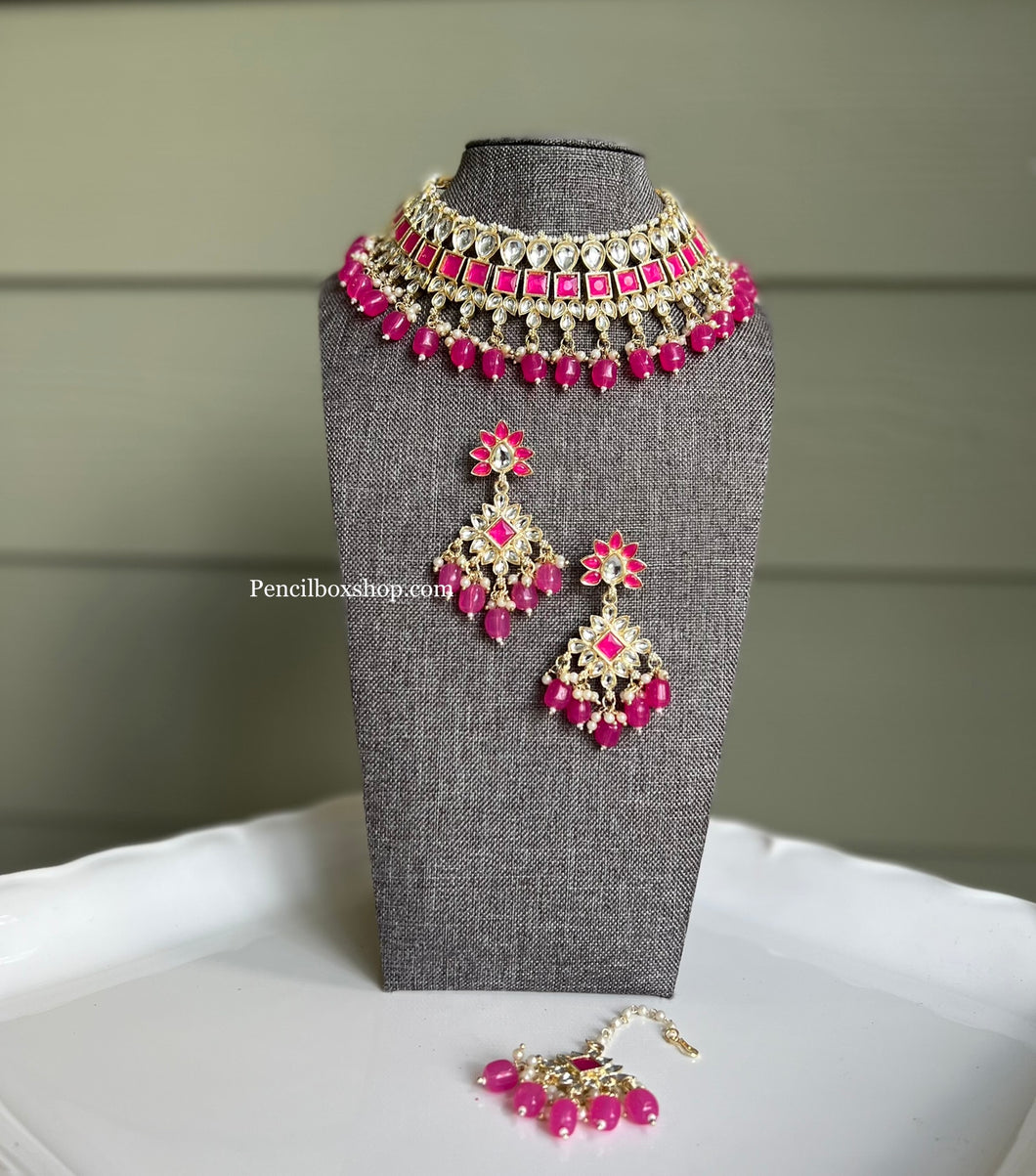 Hot Pink Kundan Tassel Hanging Necklace set with maangtikka