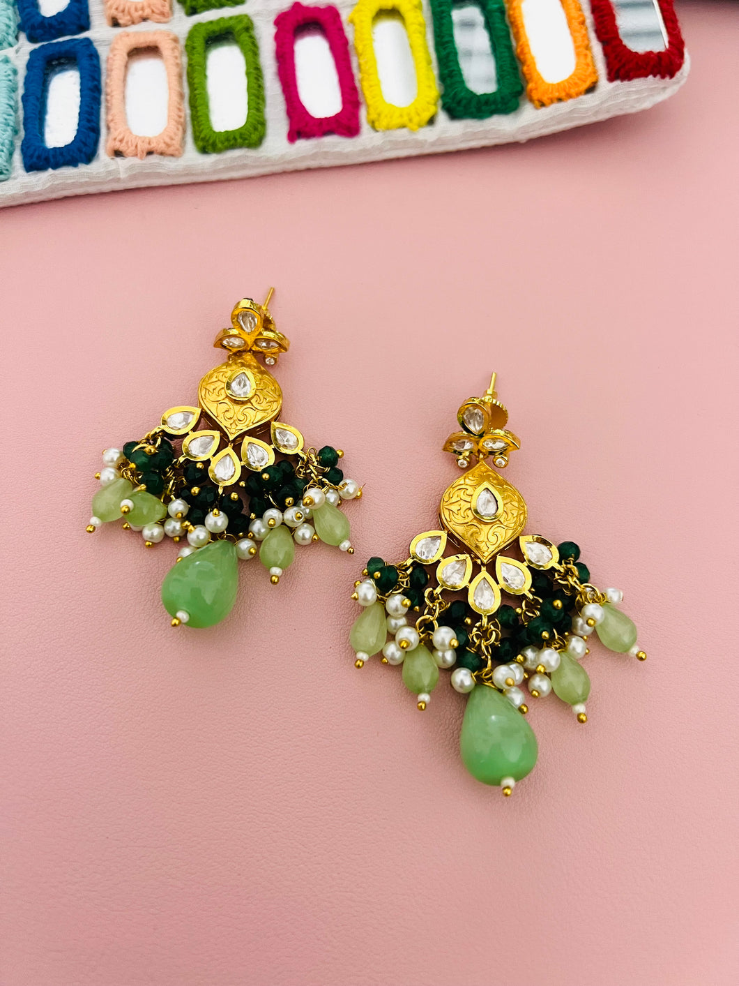 Tyaani Kundan Silver Foiled Statement Green Copper plated Earrings