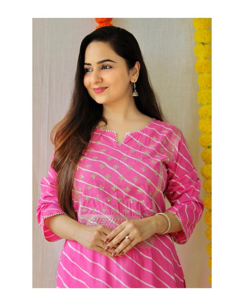 Pink cotton leheriya print with pant straight kurta women clothing