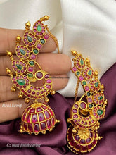 Load image into Gallery viewer, Real Kemp Stone Peacock Hanging Earcuff Drop Temple jhumka  earrings
