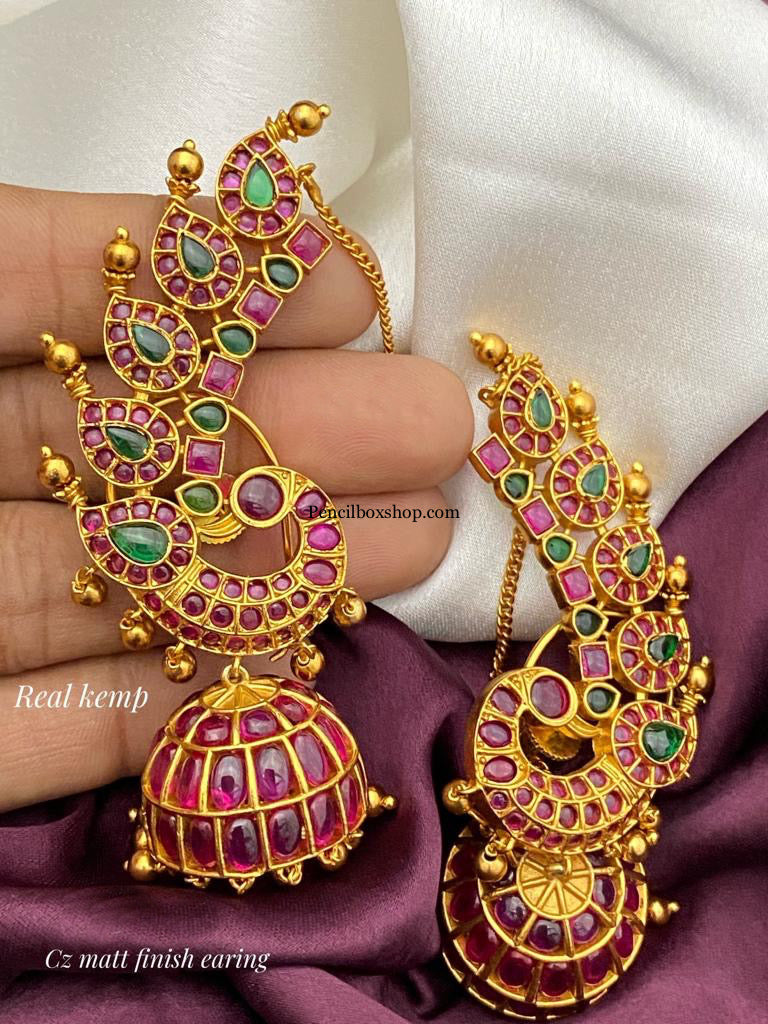 Real Kemp Stone Peacock Hanging Earcuff Drop Temple jhumka  earrings