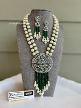 Load image into Gallery viewer, American Diamond Pearl Hydro Beads  long necklace set
