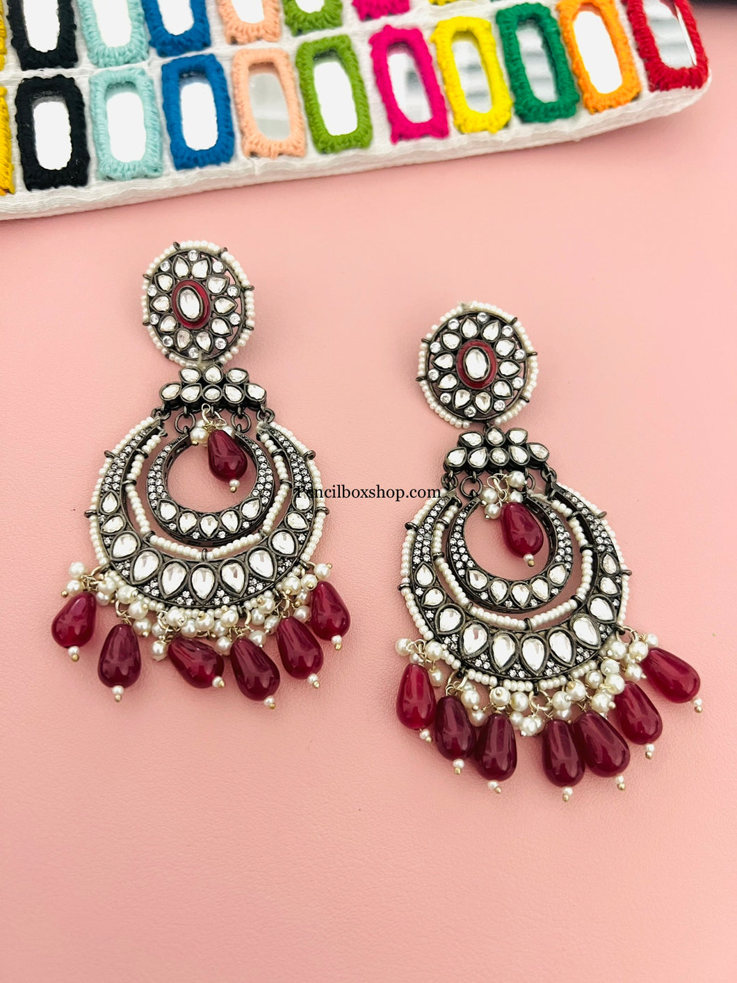 Ruby sabyasachi inspired Statement American Diamond Long pearl Dangling Silver foiled Earrings with rodium polish