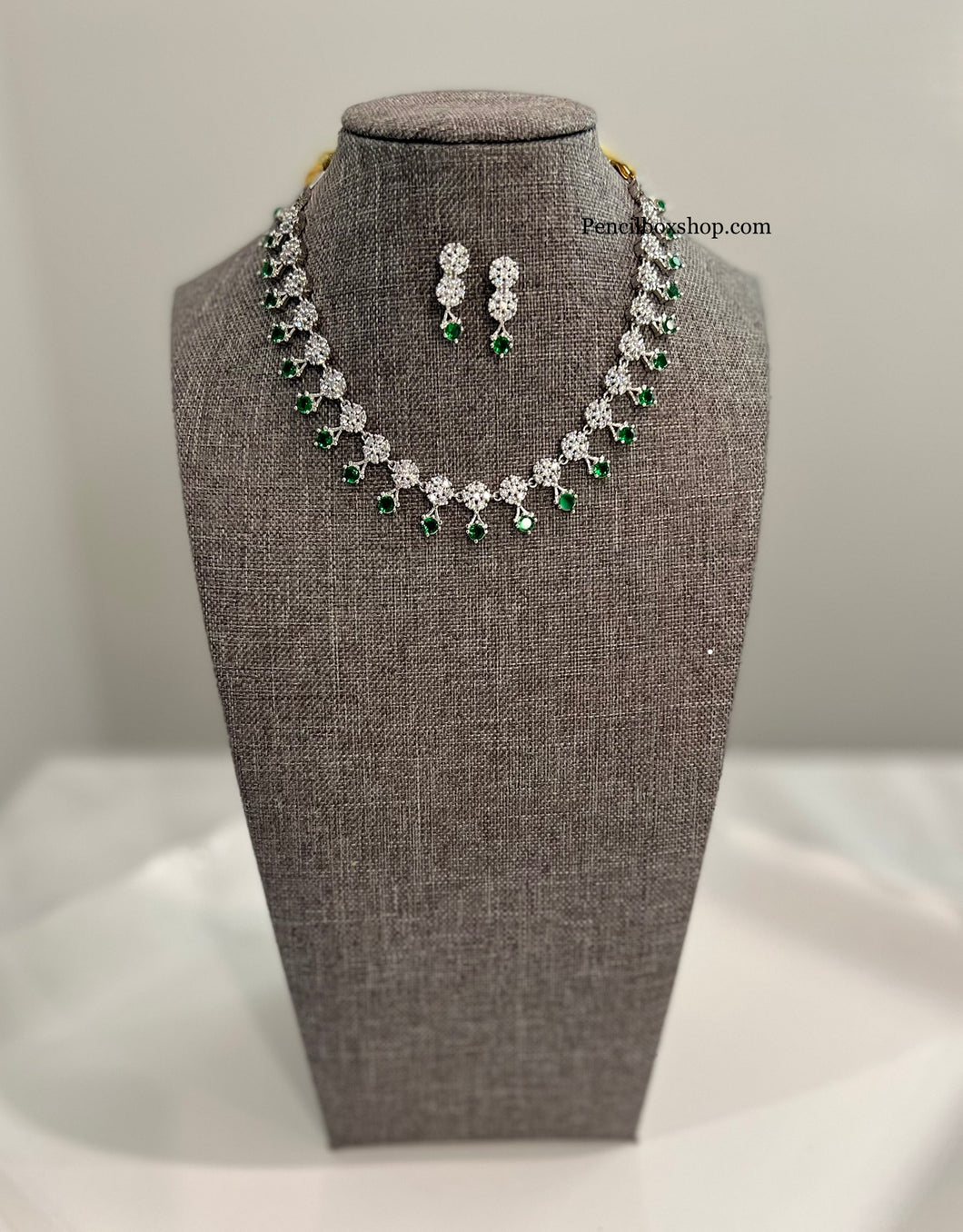 Silver  Emerald Green American Diamond Simple Necklace set