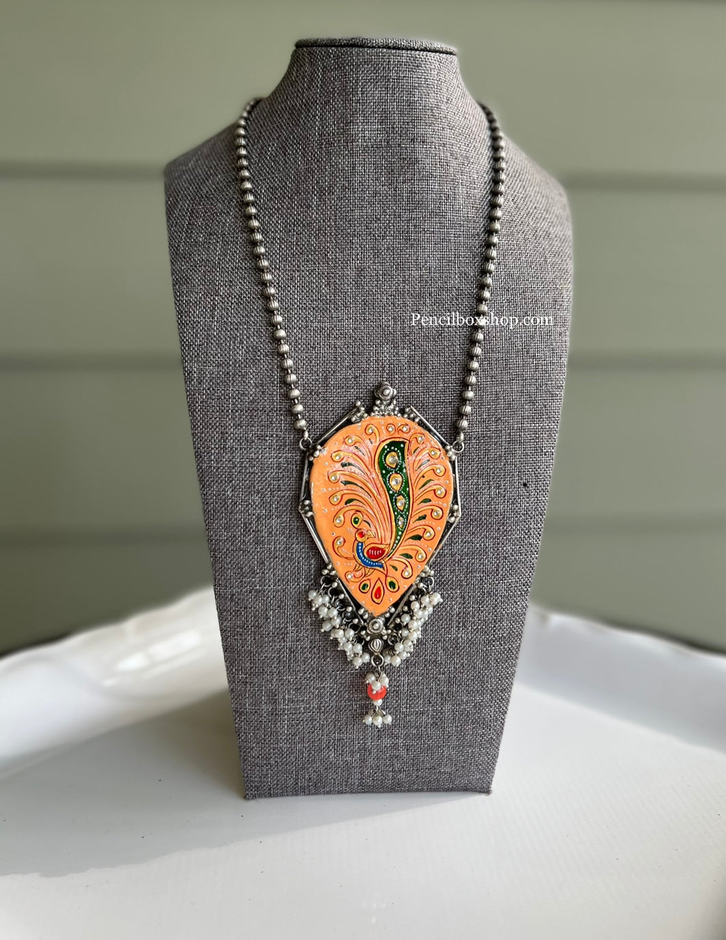 German silver Long Orange handpainted Pearl necklace