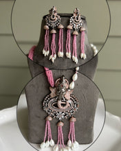 Load image into Gallery viewer, American diamond Victorian Finish Ganesha Pink long mala necklace set
