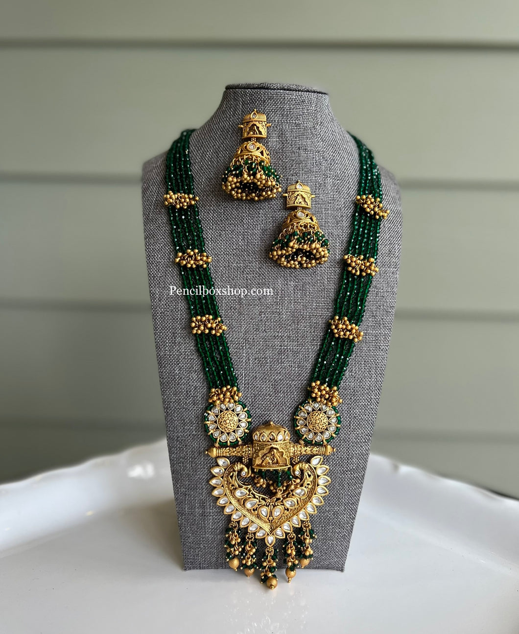 Baraat Green Golden Statement Designer Wedding Bride kundan Long Necklace set